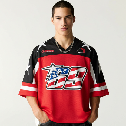 Jerssy Brand Flag America No 69 Graphics Blokecore Blokette V-Neck T-shirt