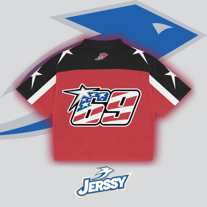 Jerssy Brand Flag America No 69 Graphics Blokecore Blokette V-Neck T-shirt